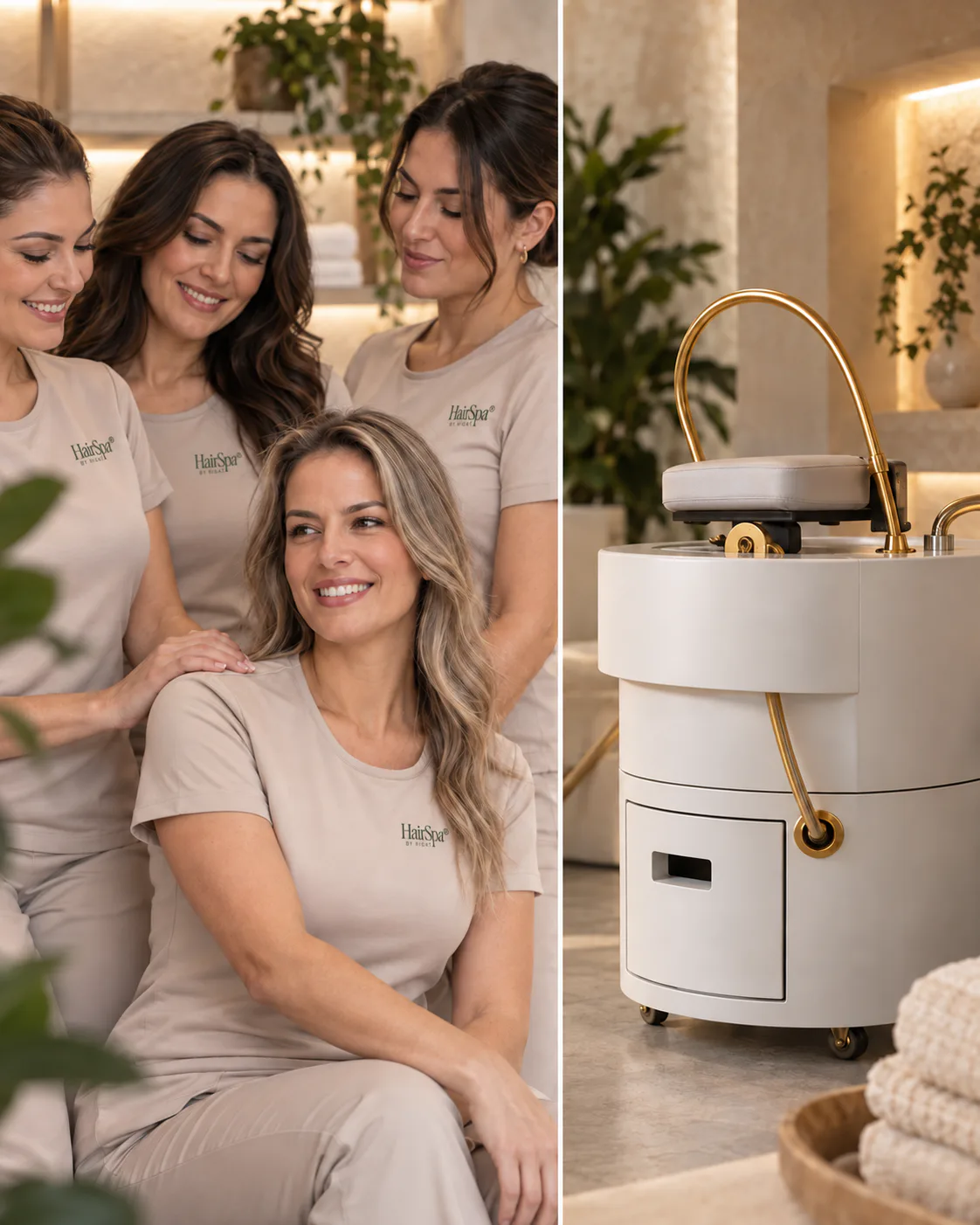 Profesionales de HairSpa by Rigat con uniforme beige junto a un equipo Head Spa