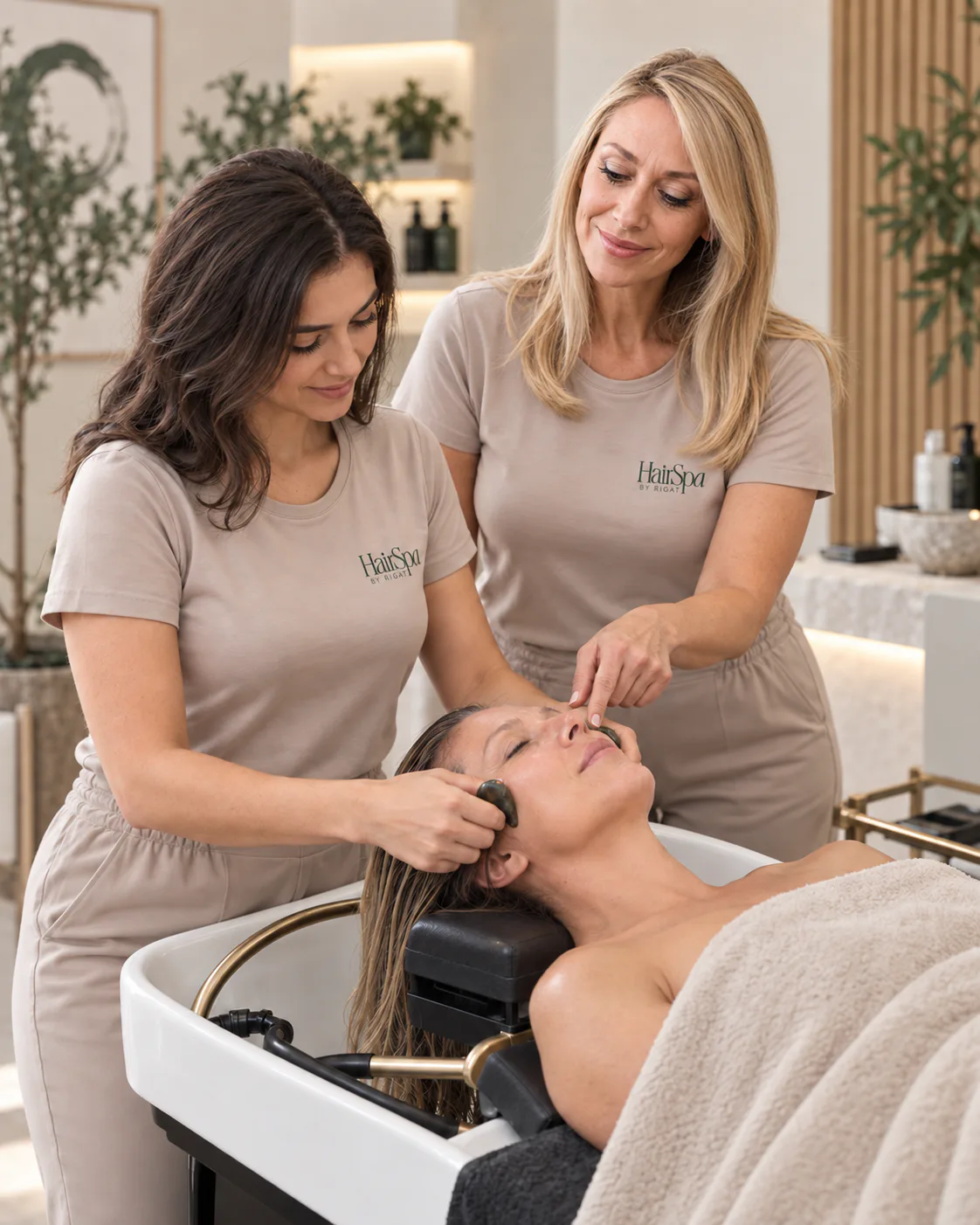 Alumna practicando Japanese Head Spa acompañada por una formadora